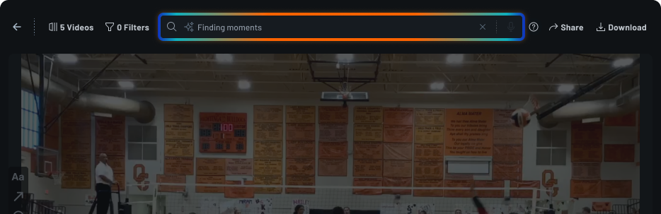 Wireframe: the search field sits in the top bar between the filter count and the share action, with the video filling the frame below
