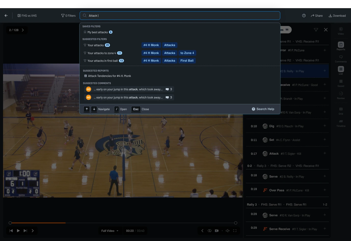 The AI command bar's search field open, showing saved and suggested filters, suggested reports, and suggested comments over volleyball game footage