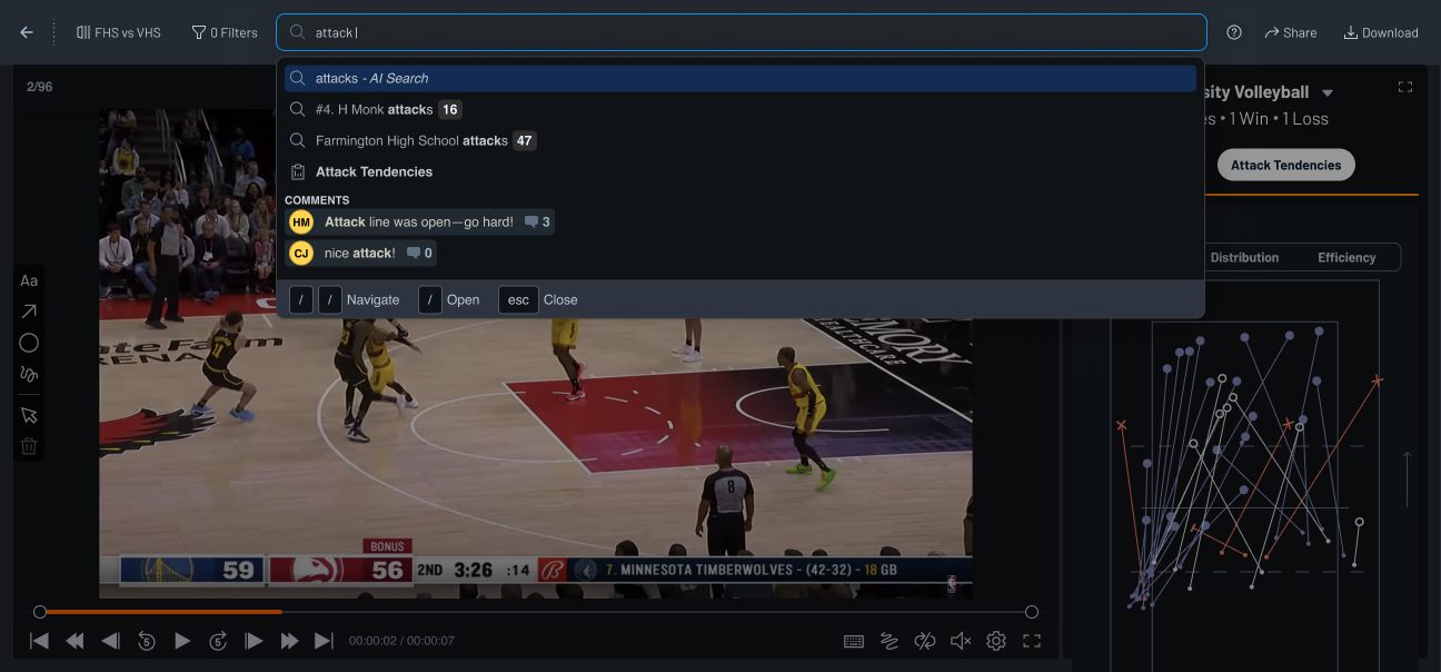 The search field open on the word "attack", showing the raw AI search, two subject-scoped readings with their counts, a saved report, and matching comments