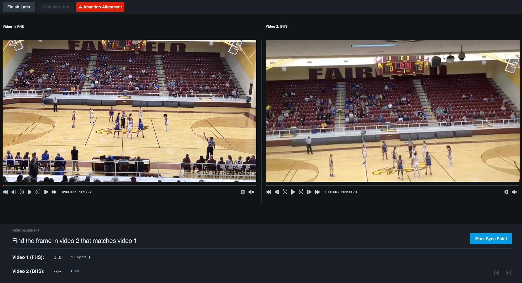 The shipped Video Alignment Tool: both submissions of the same game loaded side by side above a panel for confirming the sync point between them