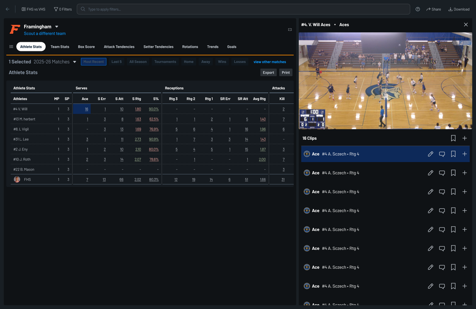 A stat table with a side panel open beside it, showing a clip list with edit, comment, bookmark, and add-to-playlist controls