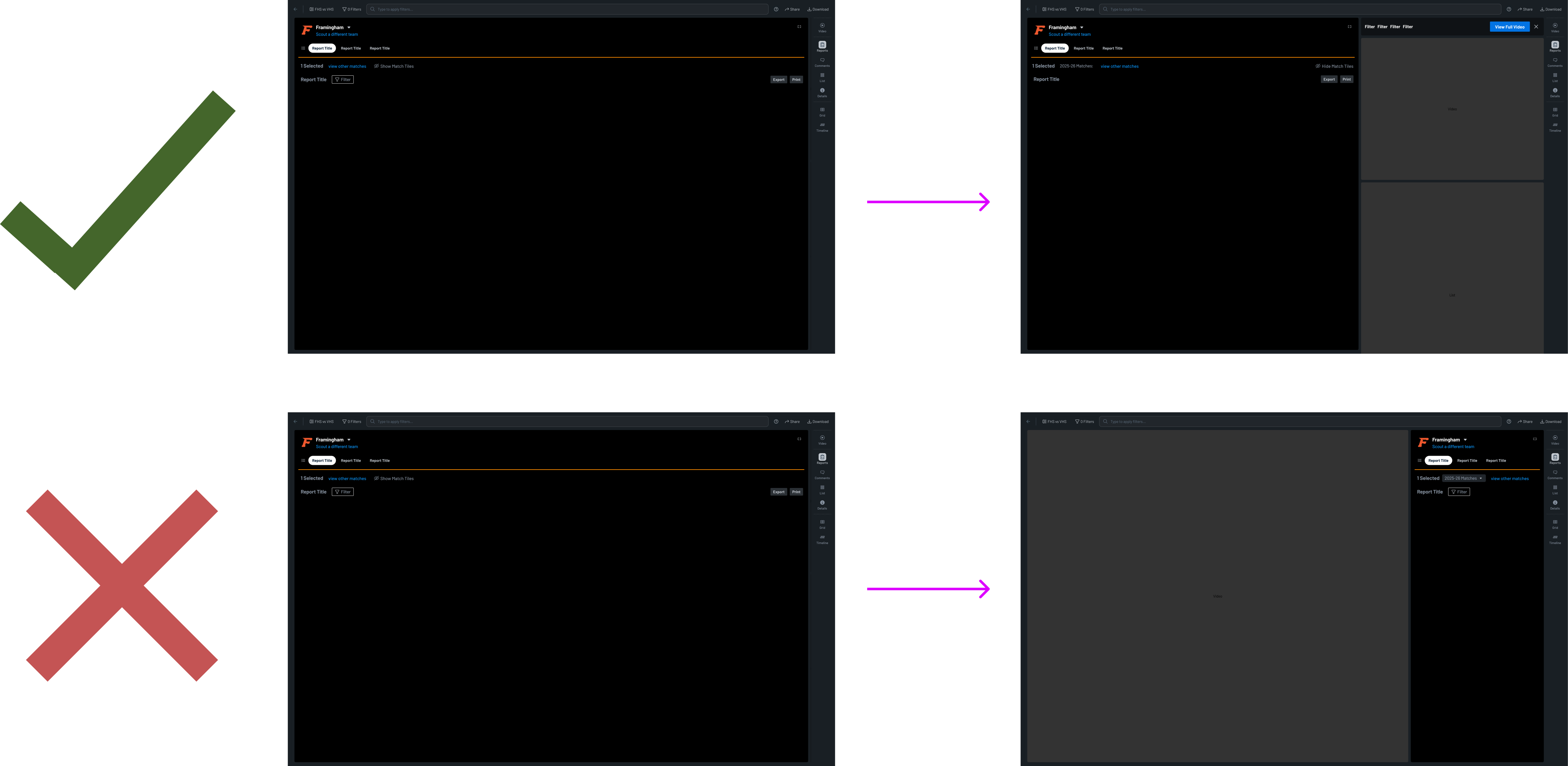 A full-screen report collapsing into a side panel beside the grid opening under the video