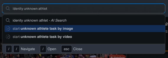 The search field open on the misspelled query "idenity unknown athlet", offering to start an unknown athlete task by image or by video