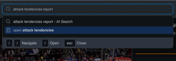 The search field open on "attack tendencies report", offering to open the Attack Tendencies report directly