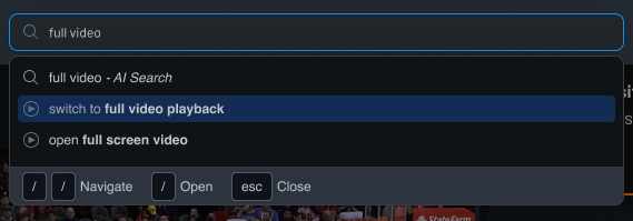 The search field open on "full video", offering to switch to full video playback or open full screen video