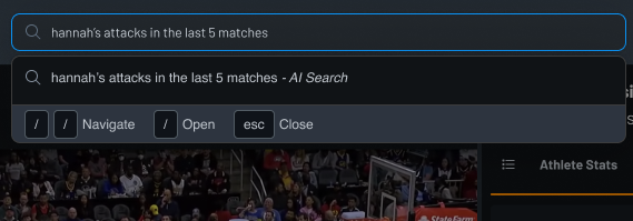 The search field open on "hannah&rsquo;s attacks in the last 5 matches", resolving as a single AI search across the selected video set
